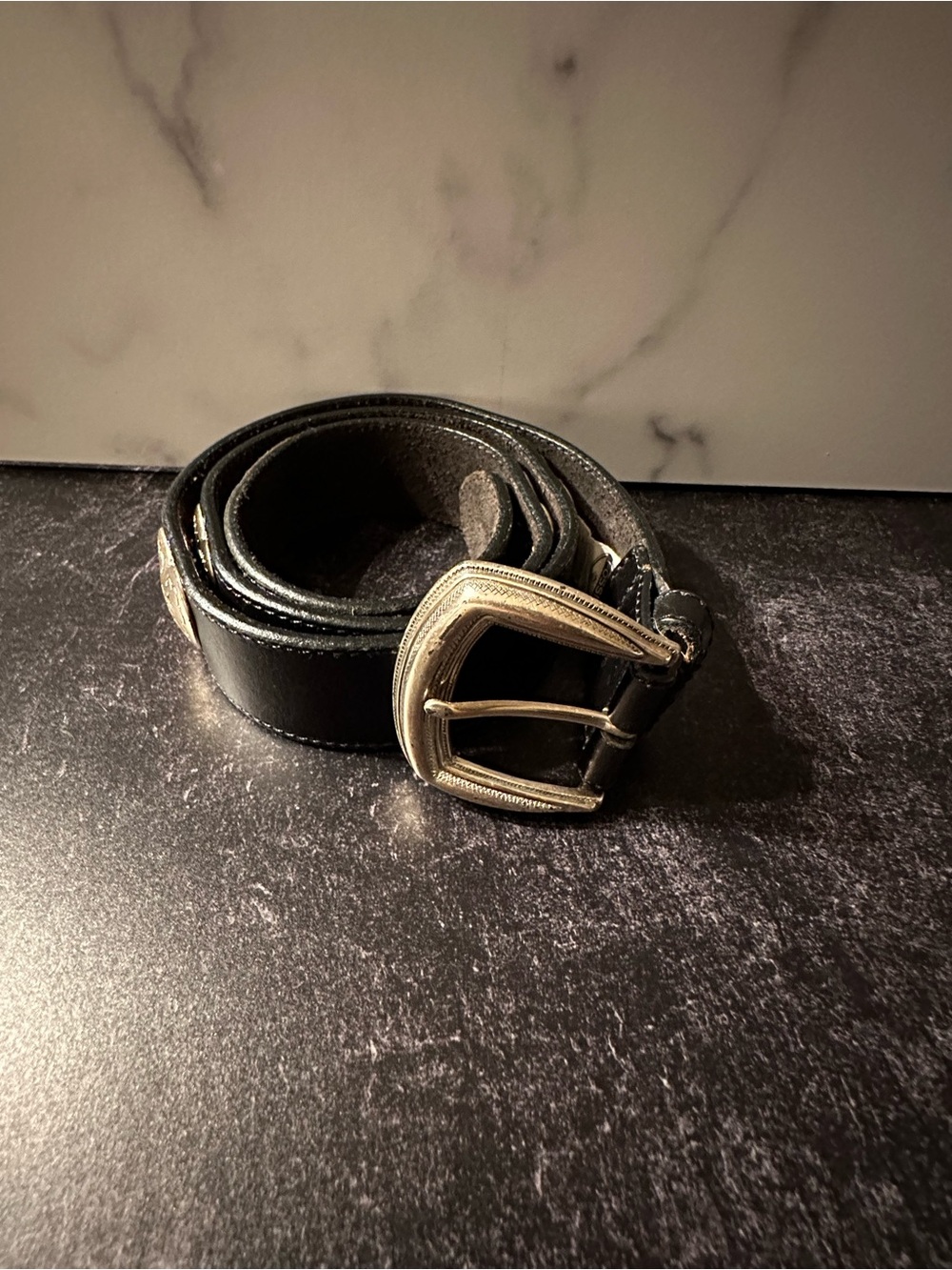 Fossil Black Leather Belt with Silver Hearts and Buckle Accent